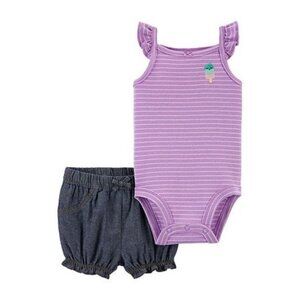 Baby Girls Purple Striped Bodysuit & Gray Shorts Set Ice Cream Embroidery 100% C